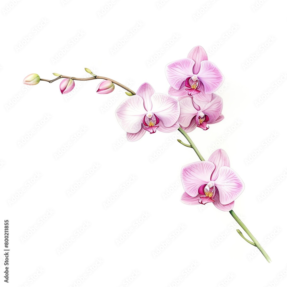 Craft a traditional watercolor painting of a low-angle view orchid, infusing it with a dreamy quality and a touch of mystery, evoking a sense of enchantment. cartoon drawing, water color style, Craft a traditional watercolor painting of a low-angle view orchid, infusing it with a dreamy quality and a touch of mystery, evoking a sense of enchantment. cartoon drawing, water color style,