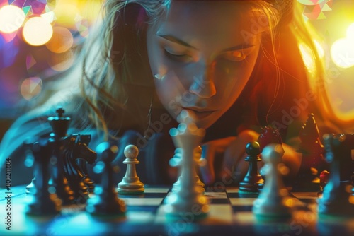 a young woman playing chess, thinking for the next move, strategy move concept female theme, close up portrait