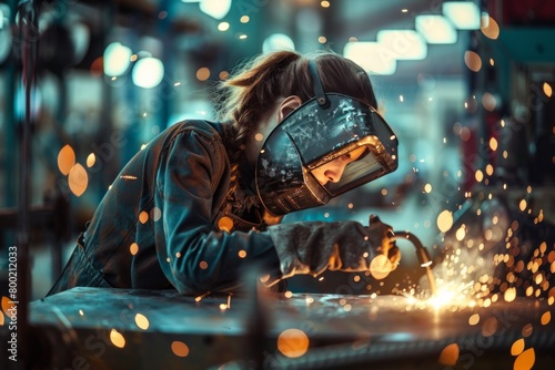 portrait illustration of a female worker in a workshop with dark visor and helmet, hard work female the concept photo