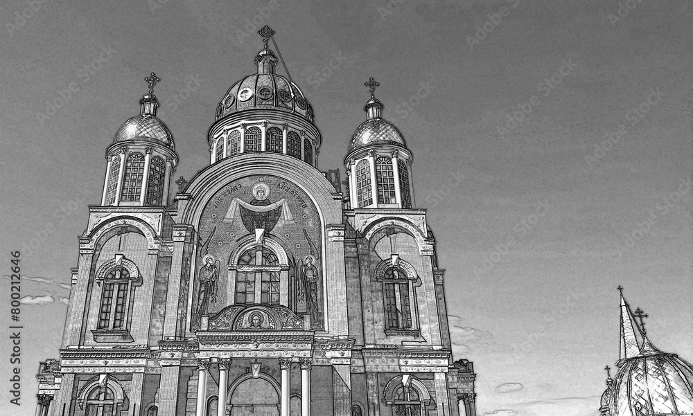 Orthodox cathedral with golden domes, Christian religious background. Pencil sketch drawing illustration