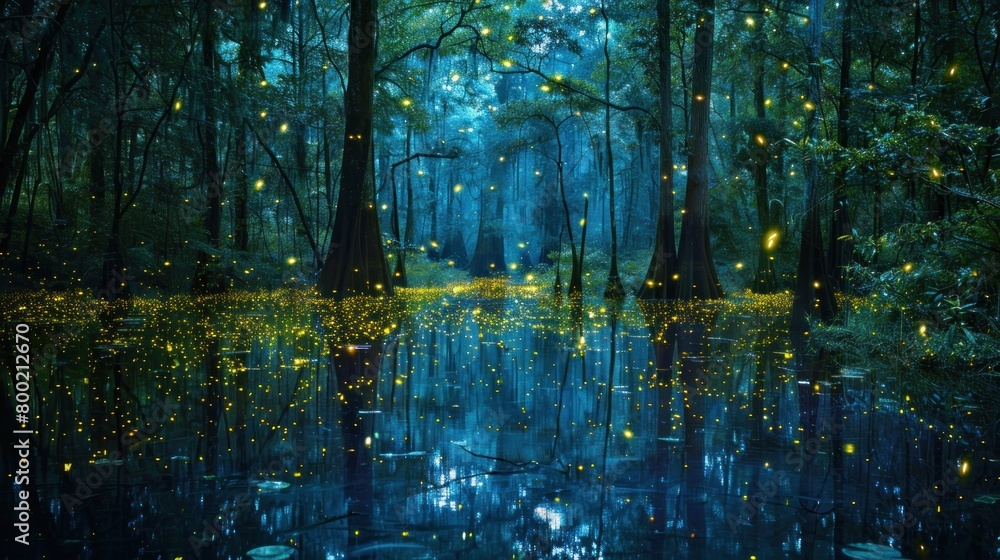 A firefly-lit night in a southern swamp forest the trees reflected in still waters A firefly-lit night in a southern swamp forest the trees reflected in still waters