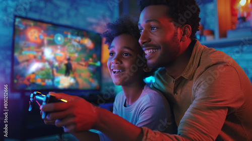 A cheerful father and child enthusiastically play video games together, highlighting family bonding and entertainment photo
