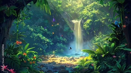 A dense tropical rainforest with towering trees and thick undergrowth
