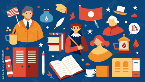 Voices of the Revolution Revolutionary War Literature A display featuring memoirs diaries and other literature from the time of the American. Vector illustration