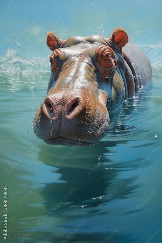 Fototapeta premium Capture a majestic, larger-than-life hippopotamus in a detailed oil painting, showcasing its grandeur and natural habitat.