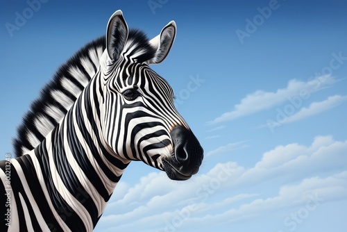 Capture the majestic elegance of a high-angle view zebra  showcasing its striking striped pattern in a vivid  photorealistic digital art piece.
