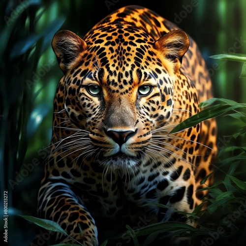 Capture the sleek, stealthy essence of a leopard with a dynamic, tilted angle view Showcase its powerful yet graceful movement using bold lines and realistic shading.