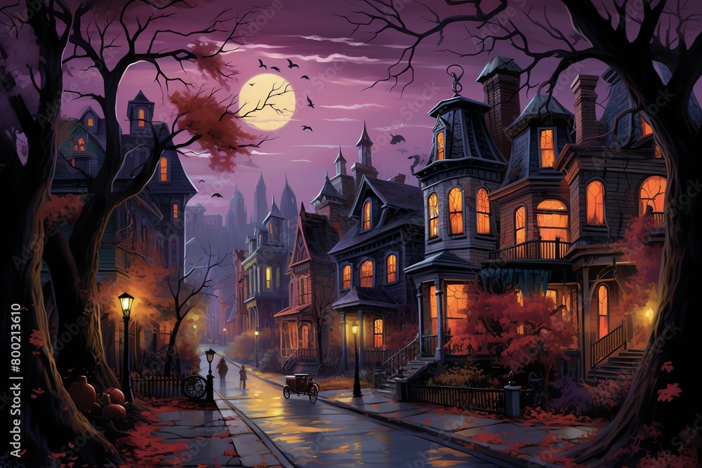 Illustrate a spooky Halloween town at dusk, complete with Victorian-style houses adorned with cobwebs and eerie glowing street lamps Include costumed trick-or-treaters wandering the cobblestone street