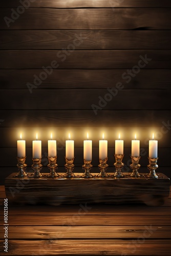 Illustrate a frontal view Hanukkah menorah, radiating a soft and glowing light, casting shadows of warmth and tradition on a textured wooden table. photo