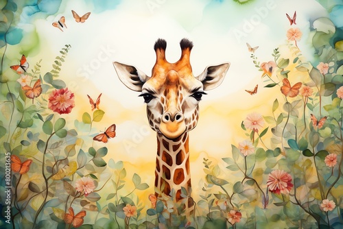 Illustrate a whimsical scene of a towering giraffe gazing down from a skewed perspective  surrounded by lush greenery and curious birds  rendered with vibrant watercolors to evoke a dreamlike feel.