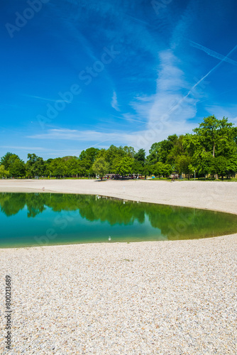 Spring day on lake Bundek in park in Zagreb, Croatia