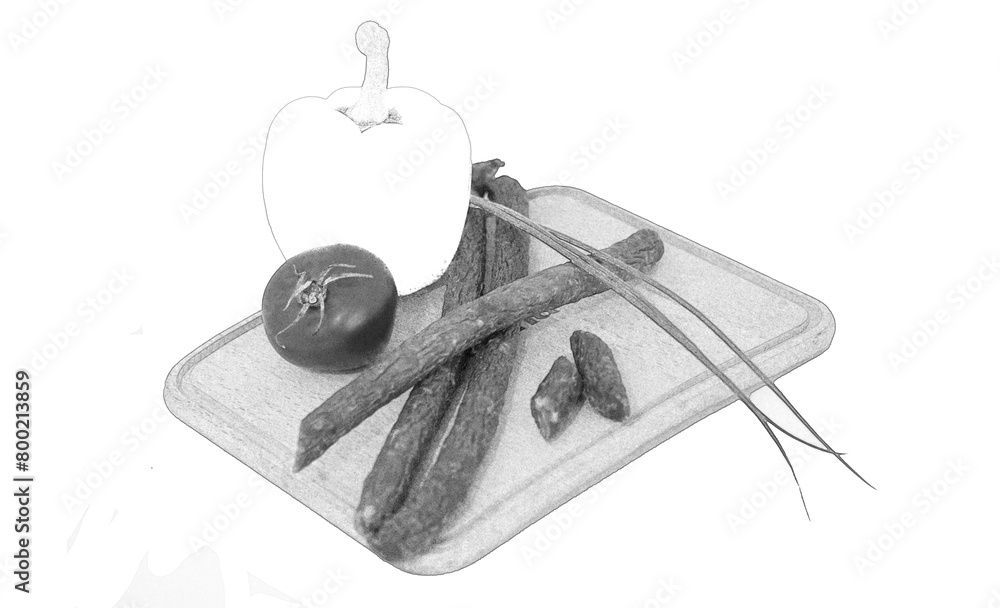 Tasty sausages and vegetables isolated over white background. Pencil sketch illustration
