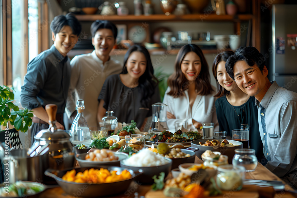 A sophisticated Korean family gathering in a luxurious villa or apartment's elegant kitchen, hosting three guest families around a large dining table. A sophisticated Korean family gathering in a luxurious villa or apartment's elegant kitchen, hosting three guest families around a large dining table.