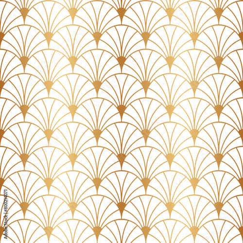 Art deco gold seamless pattern. Repeated golden fan patern. Abstract nouveau background for prints design. Repeating geometric lattice. Gatsby repeat motif. Artdeco fancy lattice. Vector illustration