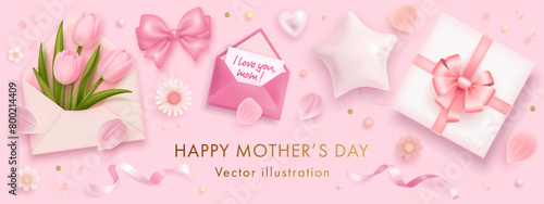 Happy mothers day set with realistic 3d tulips, gift box, envelope and flowers isolated on background. Cartoon greeting card design elements. Vector illustration