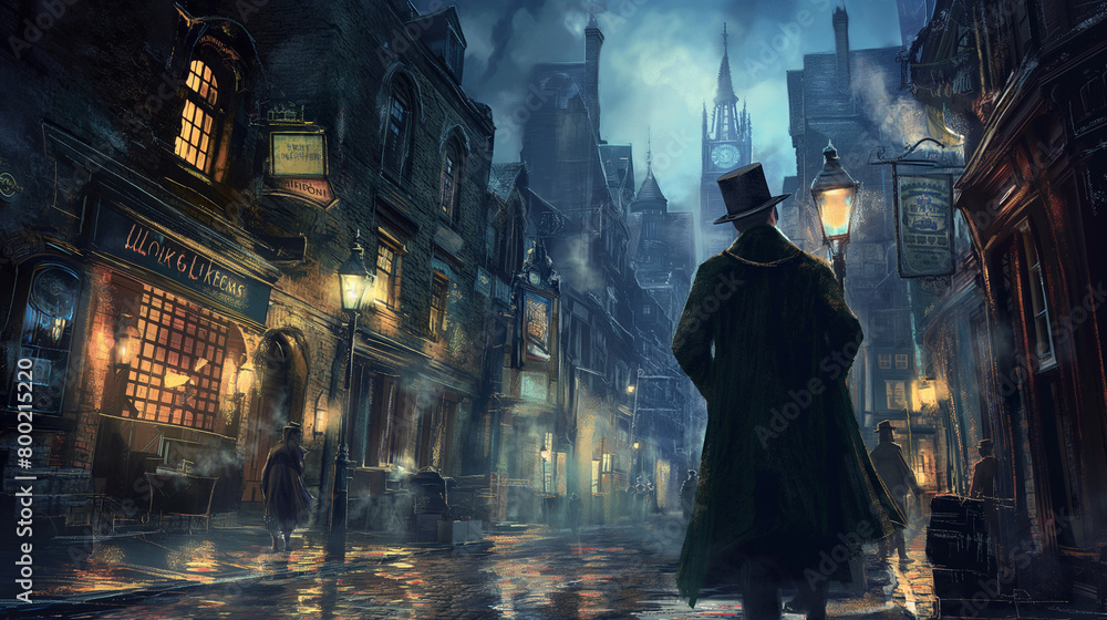 A dark and rainy street with a man in a hat and coat walking away from the viewer.

