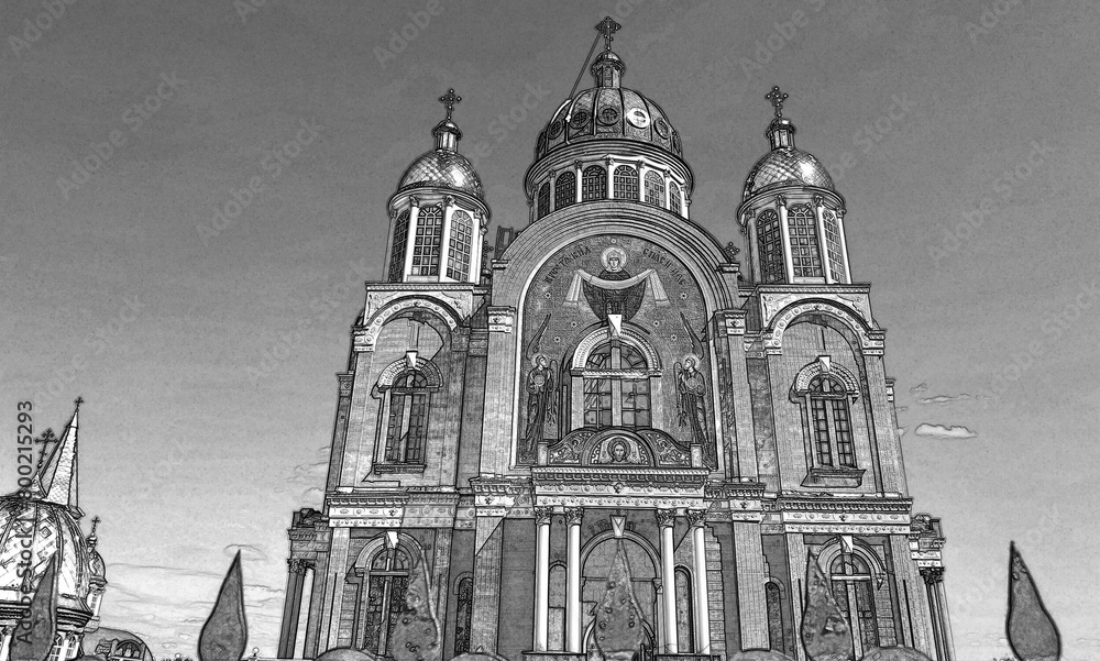 Orthodox cathedral with golden domes, Christian religious background. Hand drawn pencil sketch illustration