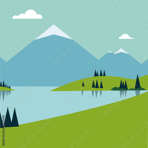 cenário floresta com montanhas e lago photo