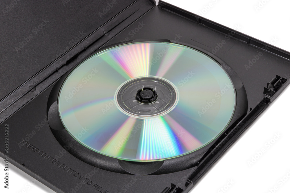 DVD case with a disc on white background DVD case with a disc on white background