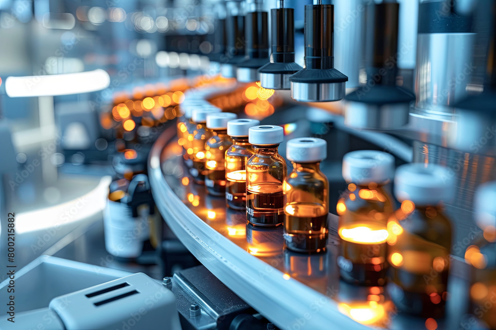 Fototapeta premium SARS-COV-2 COVID-19 Coronavirus Vaccine Mass Production in Laboratory, Bottles with Branded Labels Move on Pharmaceutical Conveyor Belt in Research Lab. Medicine Against SARS-CoV-2 