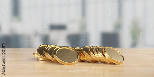 Golden coins on blured office background. Money saving concept