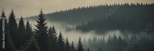 Wall Art Print, Background Design, Indie Game Asset, Book Illustration, Nature Presentation - Misty Landscape with Fir Forest in Vintage Retro Style   photo