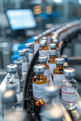SARS-COV-2 COVID-19 Coronavirus Vaccine Mass Production in Laboratory, Bottles with Branded Labels Move on Pharmaceutical Conveyor Belt in Research Lab. Medicine Against SARS-CoV-2
