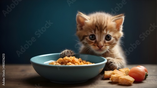 Tiny Kitten Consuming Food from a Bowl