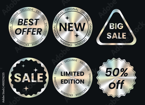 Set of color holographic sticker templates, label with holographic effect. Shiny rainbow emblems Limited Edition, New, 50% off, Best Offer, Sale, Big sale. Vector illustration EPS10