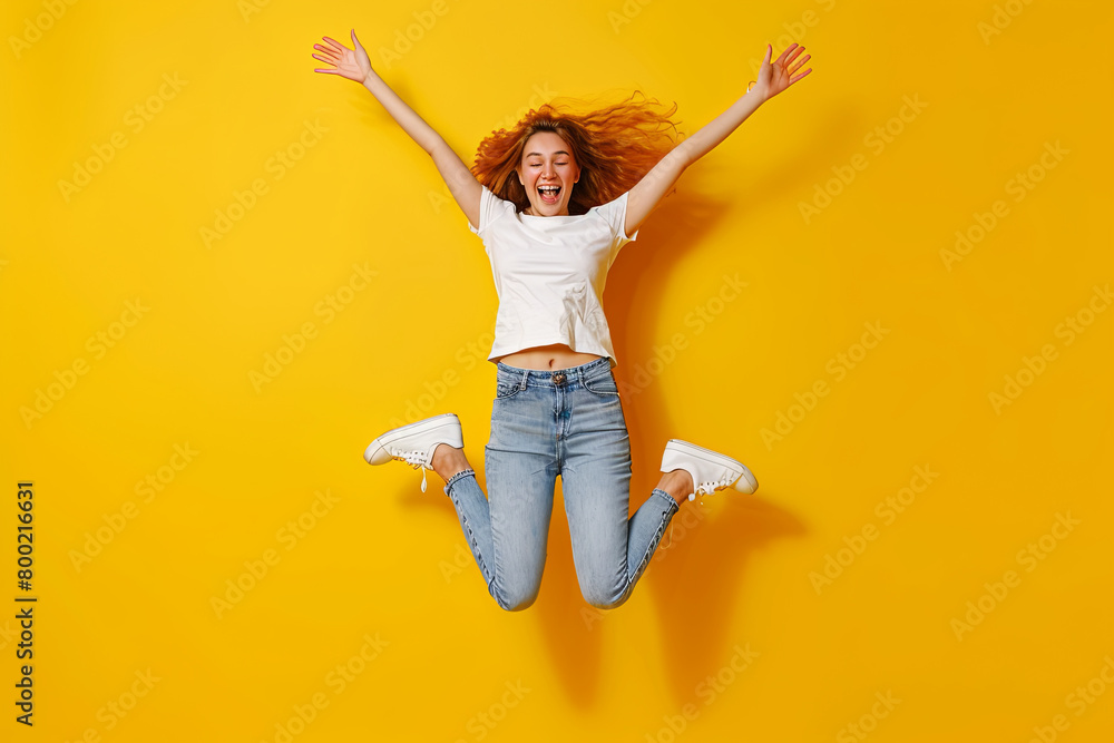 Full length photo of young excited lady have fun carefree chill hang-out club isolated over yellow color background
