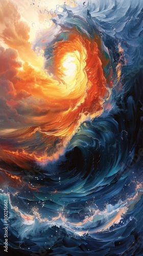 Dynamic Abstract Artwork: Mesmerizing Whirls of Aqua, Orange, and Yellow Merge in a Serene Oceanic Symphony,abstract painting of water waves, swirling colors in teal and orange and yellow, white backg