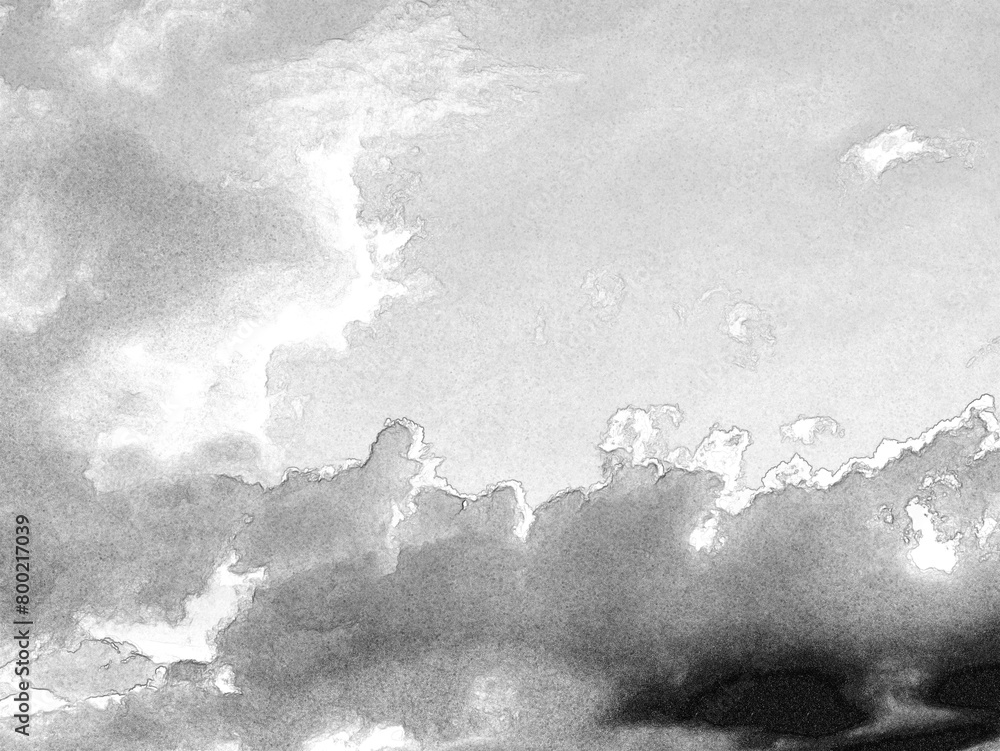 White fluffy clouds in the deep blue sky. Heaven background. Hand drawn pencil sketch illustration