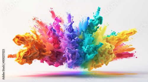 Festival of Color 3d Paint Explosion, colorful rainbow holi paint exploding, isolated on solid colour wide angle background.