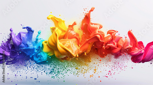 Festival of Color 3d Paint Explosion, colorful rainbow holi paint exploding, isolated on solid colour wide angle background.