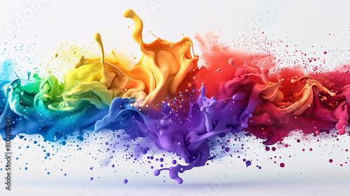 Festival of Color 3d Paint Explosion, colorful rainbow holi paint exploding, isolated on solid colour wide angle background.