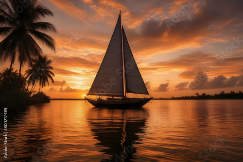Sailboat on a Lake at Sunset, Amidst the Palm Trees in sea