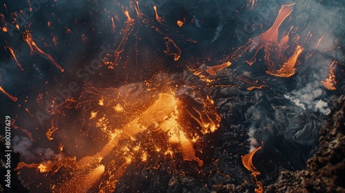 An aerial perspective showing a dynamic lava flow moving across the terrain, with molten rock glowing red-orange as it advances. The flow creates intricate patterns as it engulfs the landscape below.