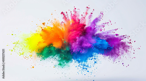 Festival of Color Powder Explosion, colorful rainbow holi powder exploding, isolated on solid colour wide angle background.