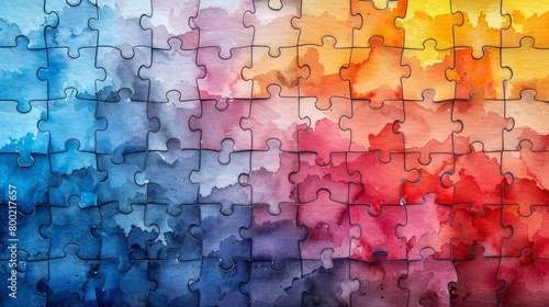 Colorful jigsaw puzzle pieces as abstract background, top view.