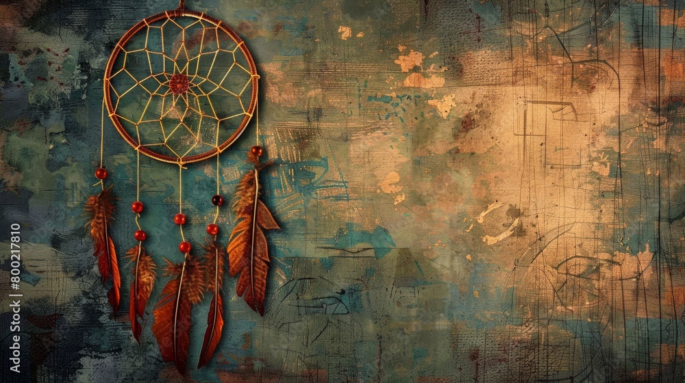 Fototapeta premium Dreamcatcher with feathers with copy space
