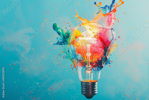 Creative concept light bulb explodes with colorful water colors on a light blue background. Think different, creative idea 