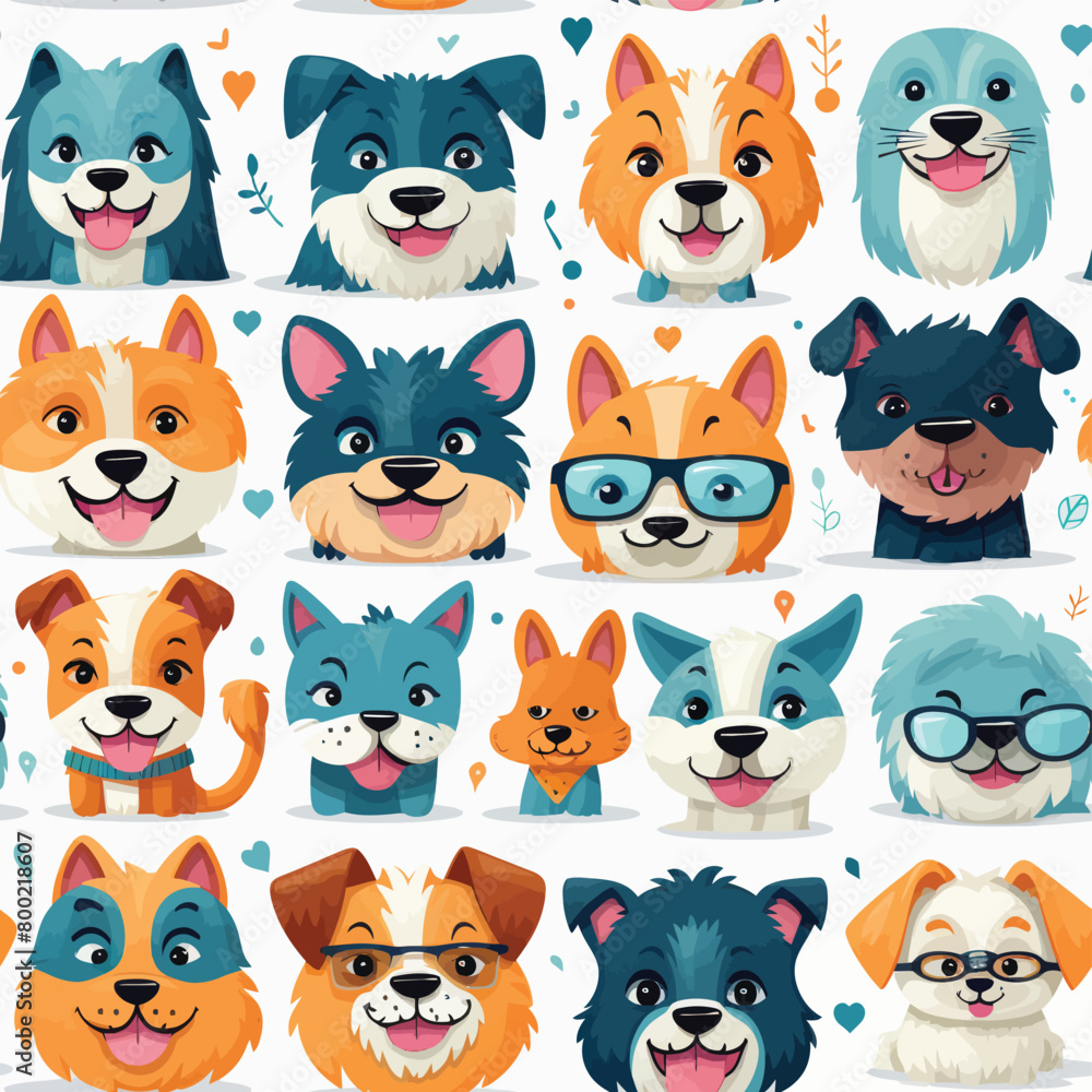 Funny dog animal crowd cartoon seamless pattern in flat illustration style. Cute puppy pet group background, diverse domestic dogs breed wallpaper.