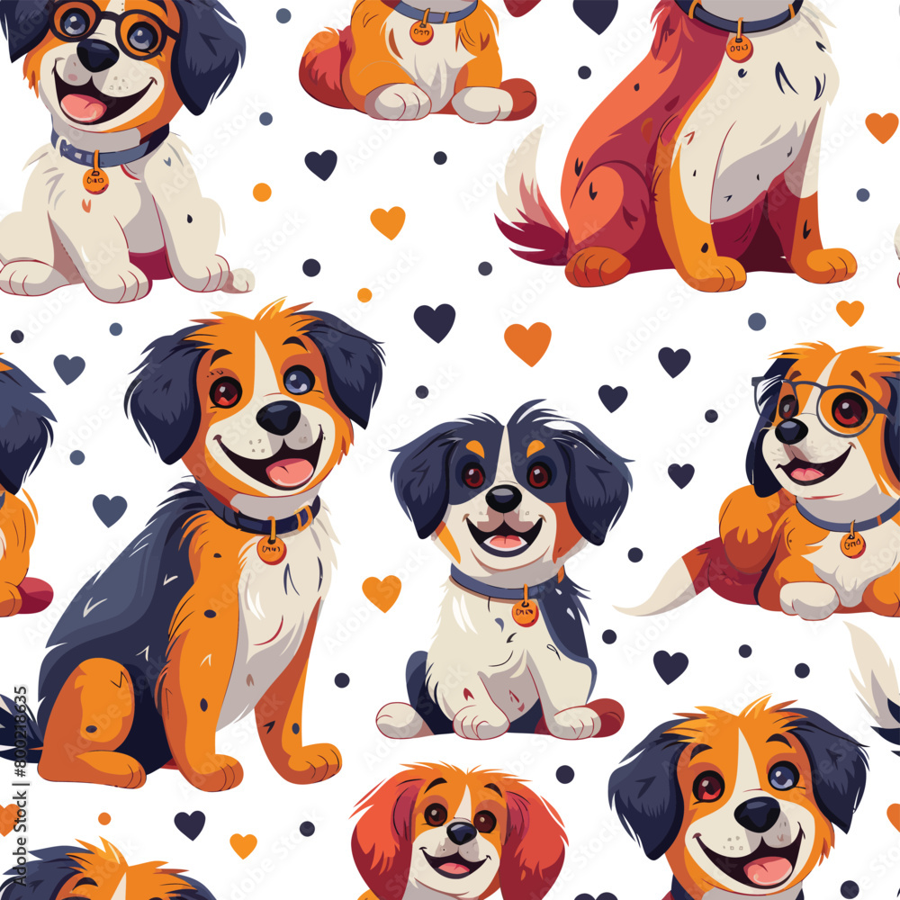 Funny dog animal crowd cartoon seamless pattern in flat illustration style. Cute puppy pet group background, diverse domestic dogs breed wallpaper. Funny dog animal crowd cartoon seamless pattern in flat illustration style. Cute puppy pet group background, diverse domestic dogs breed wallpaper.
