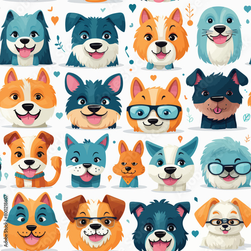 Funny dog animal crowd cartoon seamless pattern in flat illustration style. Cute puppy pet group background  diverse domestic dogs breed wallpaper.