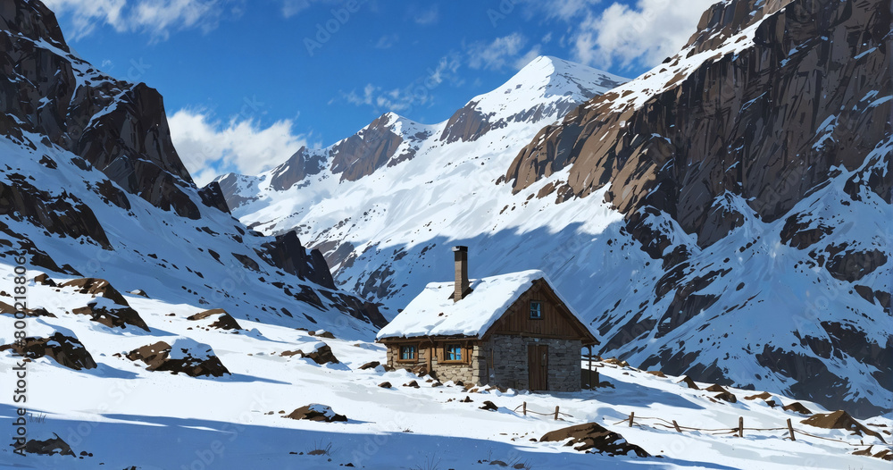 Alpine hut nestled in a snow-covered valley.