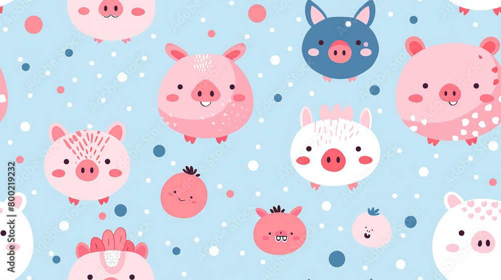happy pig in pink blue tone color, seamless pattern nursery design cartoon style illustration with grungy texture, Generative Ai happy pig in pink blue tone color, seamless pattern nursery design cartoon style illustration with grungy texture, Generative Ai