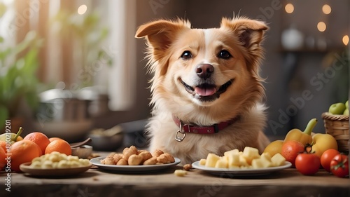 Dog with a happy smile and food