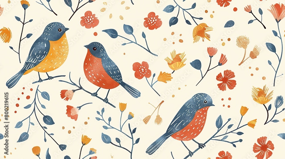spring birds with flower and tree refreshing positive feeling, seamless pattern nursery design cartoon style illustration with grungy texture, Generative Ai spring birds with flower and tree refreshing positive feeling, seamless pattern nursery design cartoon style illustration with grungy texture, Generative Ai