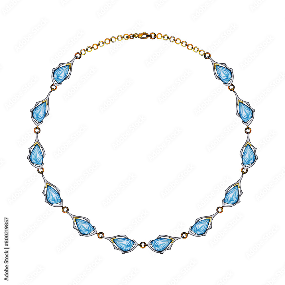 Necklace jewelry modern art design set with blue topaz sketch by hand on paper.
Necklace jewelry modern art design set with blue topaz sketch by hand on paper.