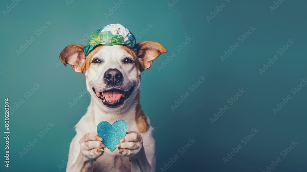 Φωτογραφία A playful image of a dog wearing a recycled paper hat and holding a heart-shaped
